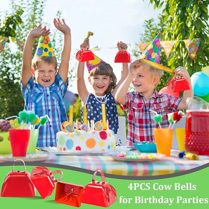 Metal Cow Bell Noise Maker - 3 Inch Pack of 4 - Small Loud Metal Cowbell Noisemaker with Handle - Great for Football Games, Sporting Events, Weddings, New Year's Eve, Birthday Parties