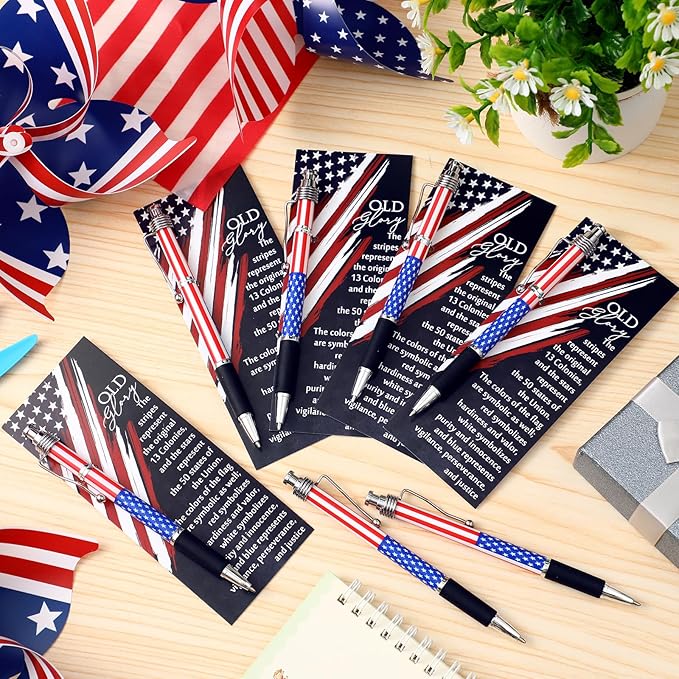 50 Sets American Flag Ballpoint Pens Bulk USA Patriotic Themed Black Ink Retractable Pen Stars Stripes Bookmarks Stationery Easter Party Gifts for Home Office Army Veterans Souvenirs