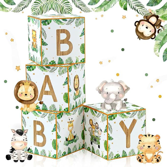 FengRise Baby Boxes for Baby Shower Decorations - 4pcs Sage Green Woodland Animal Balloon Boxes for Boy Girl,Jungle Gender Reveal Birthday Party Favors，Wild One Party Backdrop Decor Supplies