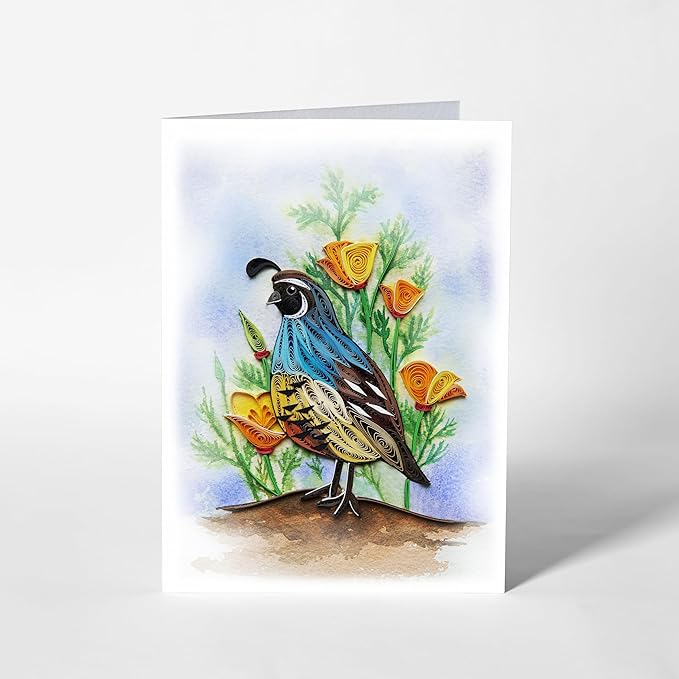 Mother's Day Card, Poppy and Quail Greeting Card, Animals Quilled Quilling Birth Month Flower Born in August Birthday, Mothers Day Card for Mom Grandma Daugter Friend (Poppy and Quail)