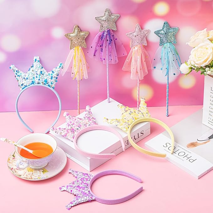 12 Pcs Princess Party Favors Including 6 Glitter Star Fairy Wands and 6 Sequin Princess Crown Headbands for Girls Birthday Party Gifts
