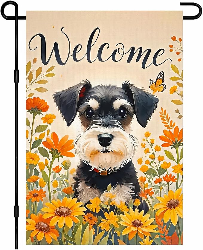 BlissYard Fall Garden Flag 12x18 Inch Welcome Schnauzer Dog Outdoor Flag Double Sided Autumn Yard Banner with Sunflowers and Butterflies for Porch Lawn Patio