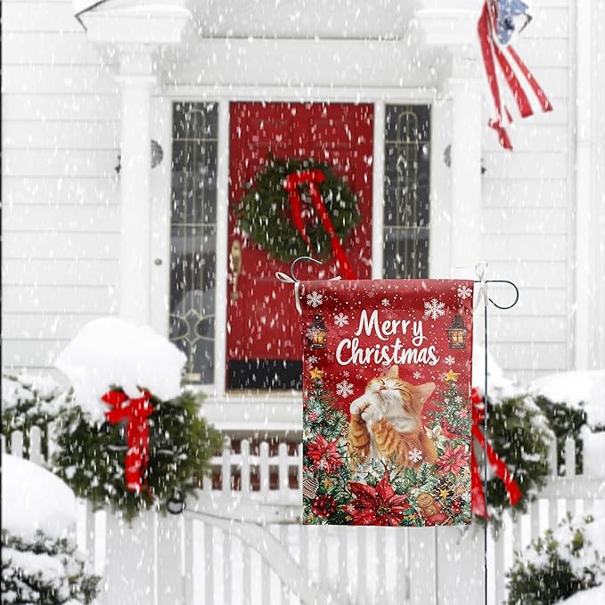 Christmas Cat Garden Flag Merry Christmas Orange Cat Yard Flag for Outside Xmas Flags 12x18 Double Sided Red Poinsettia Garden Flags Winter Porch Outdoor Decor