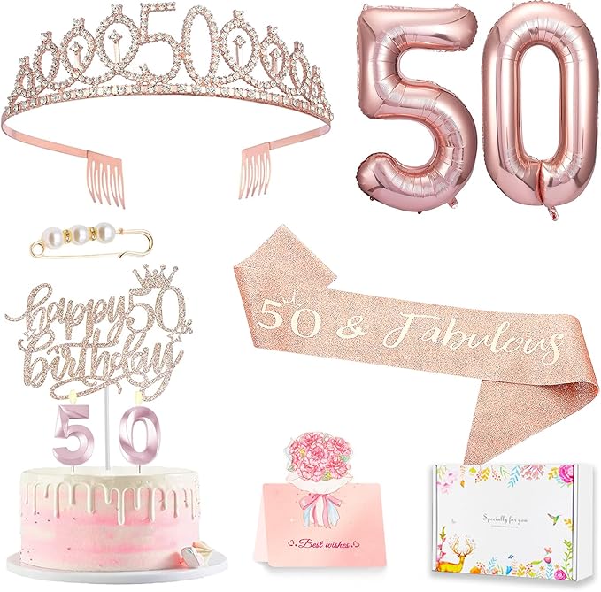 50th Birthday Gifts Decorations for Women, Including 50th Cake Toppers, Birthday Queen Sash with Pearl Pin, Sweet Rhinestone Tiara Crown, Number Candles and Balloons Set, Rose Gold
