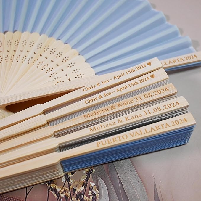 Personalized Engraved Silk Fans Folding Hand Fans with Organza Bags, 22Pcs Light Blue Summer Wedding Fans, Custom Imitated Silk-Bamboo Fans for Guests Wedding Party Favor Bridal Shower Gifts