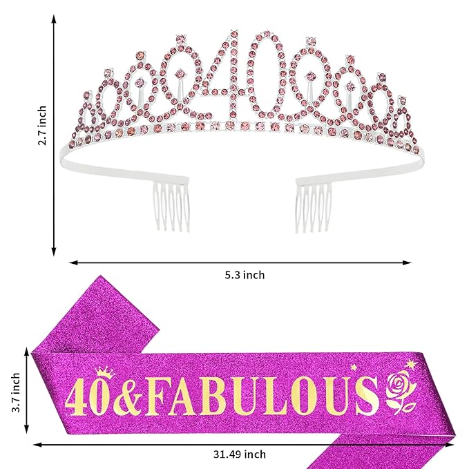 Casoty 40th Birthday Sash and Tiara, 40th Birthday Decorations for Women, 40 & Fabulous Sash and Crown Set, Party Supplies for Women, Gifts for Her
