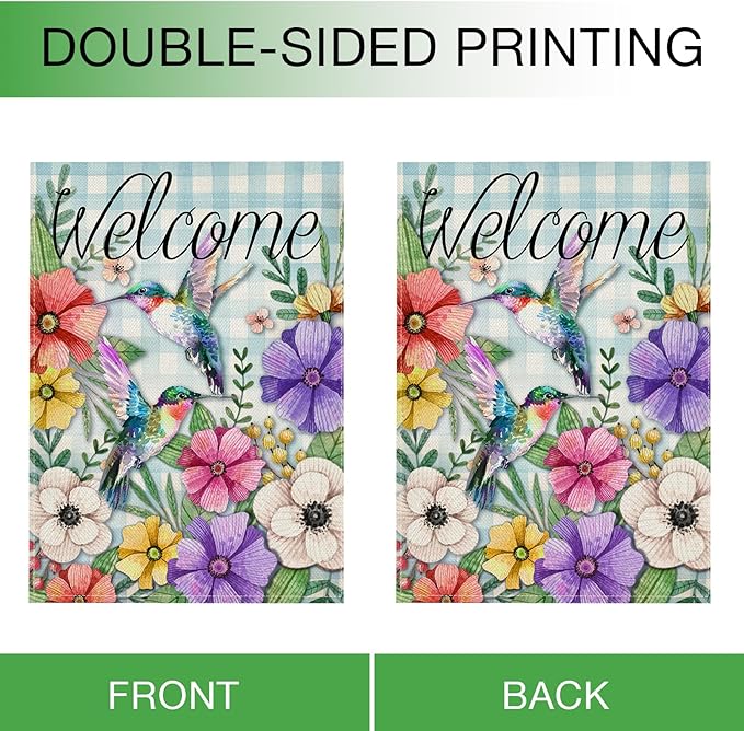 Hzppyz Welcome Spring Garden Flag Hummingbird, Decorative House Yard Lawn Outdoor Small Burlap Bird Flag Flower Decor, Blue Plaid Summer Farmhouse Seasonal Outside Decorations Double Sided 12 x 18