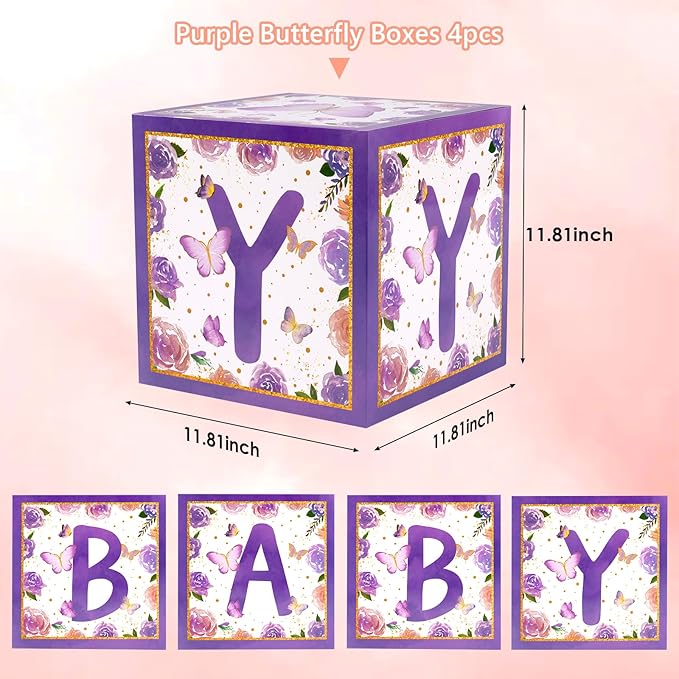 Baby Boxes with Letters and Butterfly Balloons for Gender Reveal Decoration (Purple)