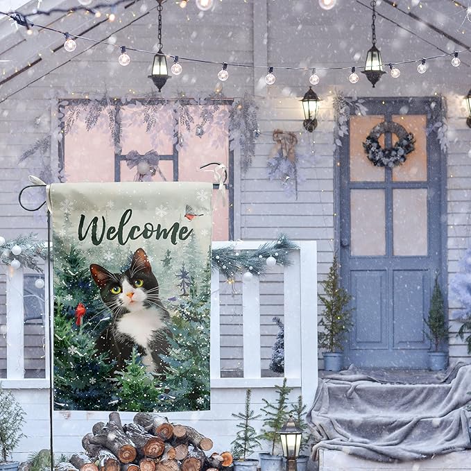 DZGlobal Welcome Winter Garden Flags Cat Garden Flag Cardinal Birds on Snowy Pine Tree Flag Tuxedo Cat Yard Flags for Outside 12x18 Double Sided Christmas Decorative Lawn Flags