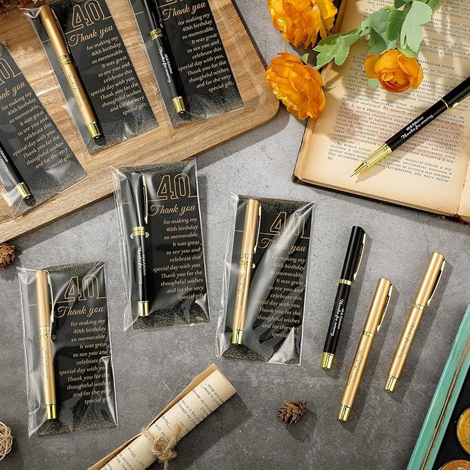 50 Set 40th Birthday Party Favor for Guest Anniversary Party Favor with Black and Gold Ballpoint Pens and Thank You Cards for Women Men Birthday Anniversary Appreciation Gifts