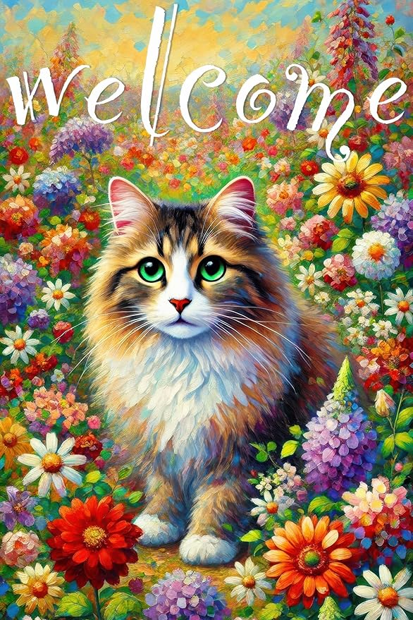 BlissYard Spring Welcome Cat Garden Flag Double Sided 12x18 Inch Tabby Cat Garden Flag Funny Floral Tulip Cats Flags Vertical Farmhouse Welcome Yard Spring Summer Seasonal Outdoor Porch Decor