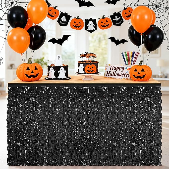 Halloween Table Skirt Decor, 2 Pack Black Foil Grass Desk Skirt, Metallic Wavy Tinsel Foil Fringe Table Skirts, Table Skirts for Graduations Halloween New Years Parade Party Decorations