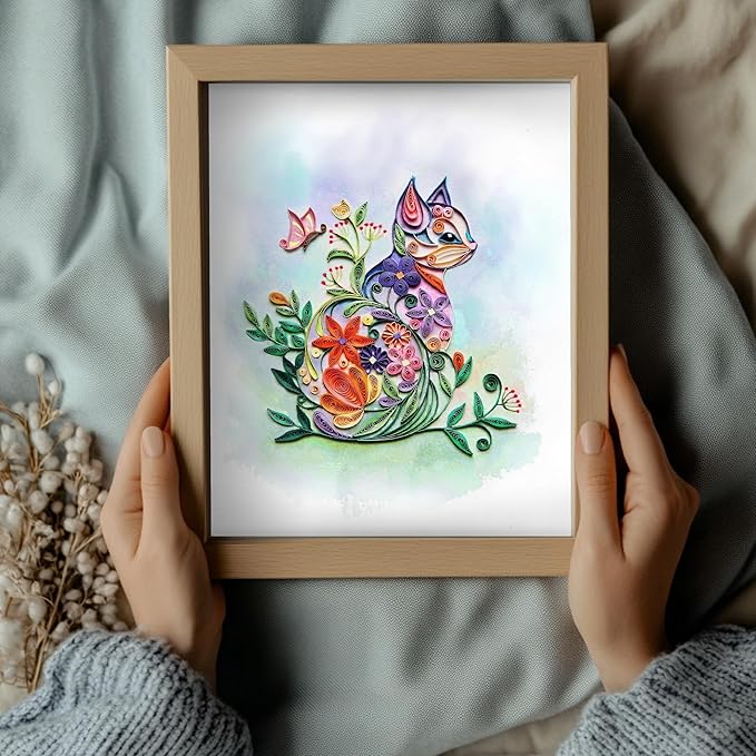 Mother Day Card, Cute Cat, Flower Birthday Quilling Card for All Occasions, Watercolor Classy Cards for Mom, Women, Wife, Daughter (Cat Flowers)
