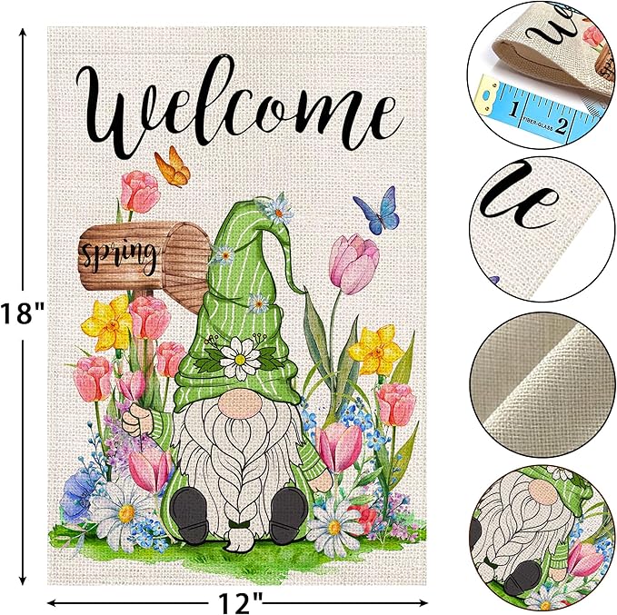 Spring Garden Flag 12x18 Inch Double Sided Outside, Spring Summer Seasonal Gnomes Yard Outdoor Flag, Welcome Garden Flags for Outside Yard Porch Decoration