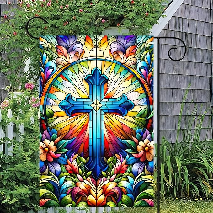 HOMETITUTE Welcome Garden Flag Spring Summer Christian Garden Flag Religious Faith Stained Glass Cross 12x18 Inch Double Sided Outdoor Yard Lawn Porch Decor