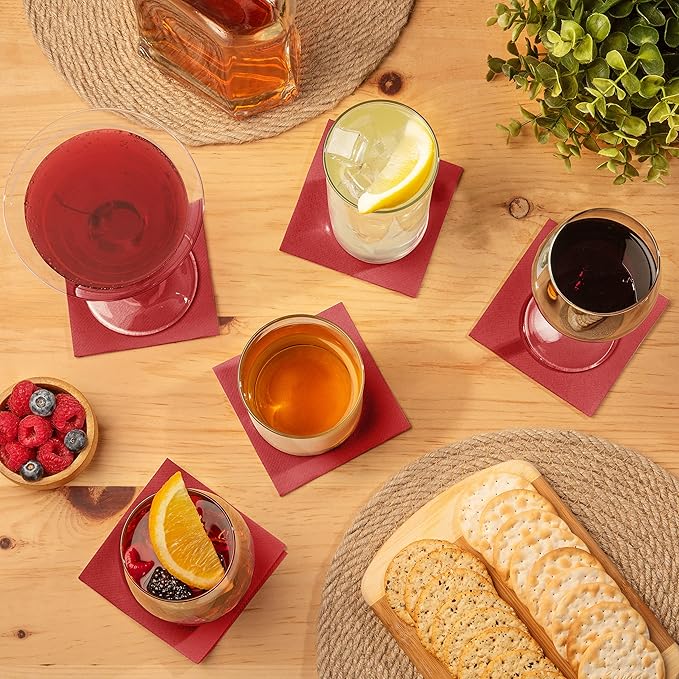 AH AMERICAN HOMESTEAD Paper Cocktail Napkins - Linen-Like Disposable Beverage Bar Napkins 4.75" x 4.75" - Bulk Square Napkins - Ideal for Party or Wedding (Burgundy -100 Count)