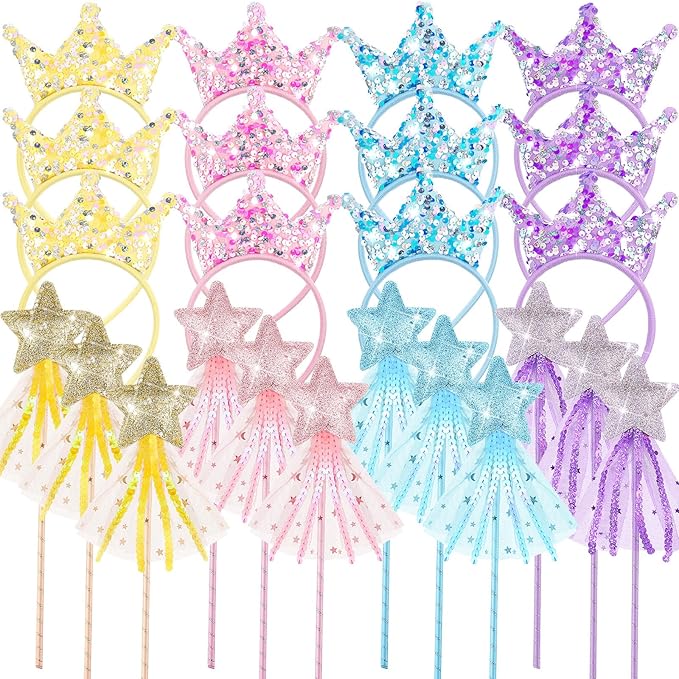 12 Pcs Princess Party Favors Including 6 Glitter Star Fairy Wands and 6 Sequin Princess Crown Headbands for Girls Birthday Party Gifts