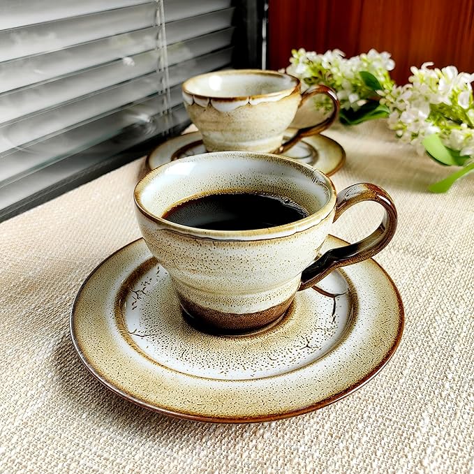Latte Art Coffee Cup Set of 2 with Saucers - 8.5oz Ceramic Mugs for Cappuccino, Espresso & Tea - Microwave & Dishwasher Safe - Perfect Holiday Gift for Father's Day, Birthday, Housewarming