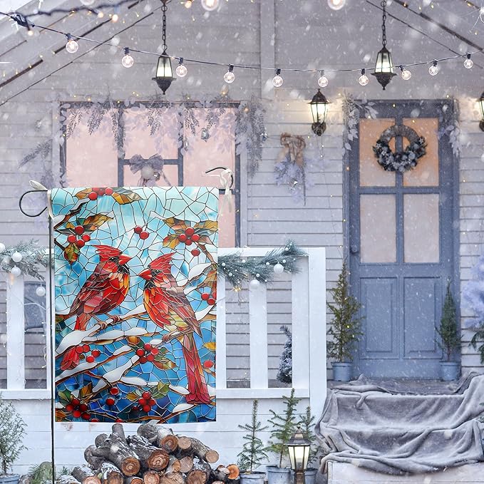 Winter Cardinal Bird Garden Flag for Outside 12x18 Stained Glass Red Birds on Snow Pine Tree Flag Christmas Outdoor Flags Double Sided Welcome New Years Yard Flag