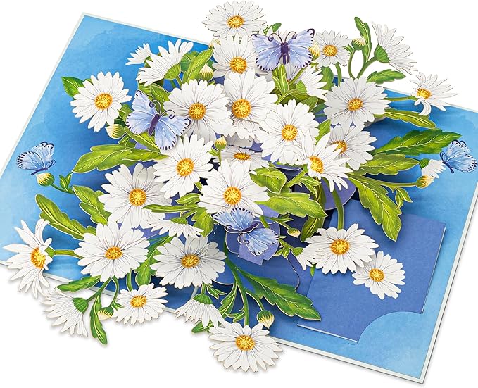 Daisy Pop Up Cards, White Daisy, Butterfly, 3D Greeting Cards, Gifts for Birthday, Mothers Day, Valentines Day, Mom, Wife, Girlfriend, Sister, 5x7 - Includes Envelope And Message Note