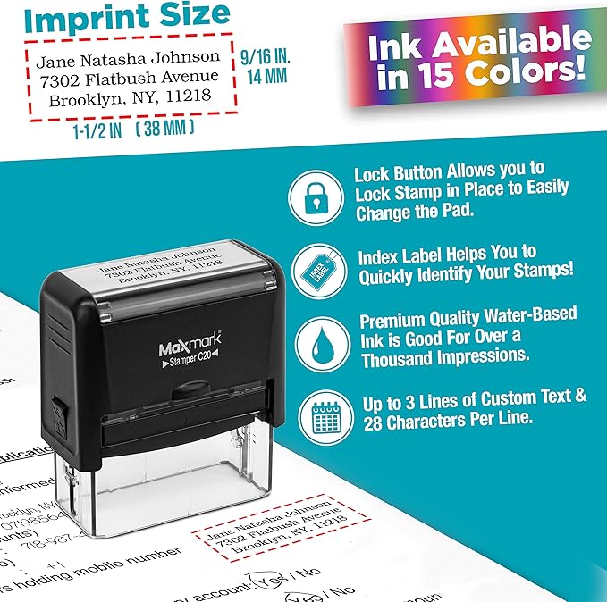 MaxMark Customized Self Inking Stamp - Up to 3 Lines of Text - Small Size - Choose from 15 Ink Colors