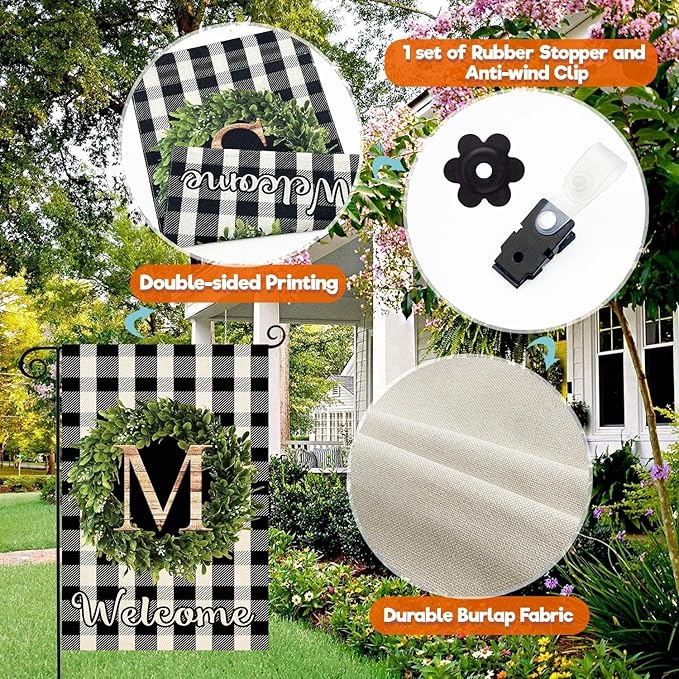 Baccessor Monogram Letter S Garden Flag 12.5 x 18 Inch, Buffalo Plaid Family Last Name Initial Boxwood Wreath Welcome Vertical Double Sided Small Flags for Outdoor Outside Decoration