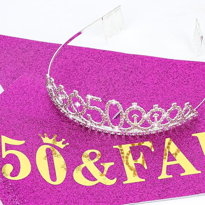 Casoty 50th Birthday Sash and Tiara, 50th Birthday Party Decorations for Women, 50 and Fabulous Sash and Crown Set, 50 Party Supplies for Women, Gifts for Her