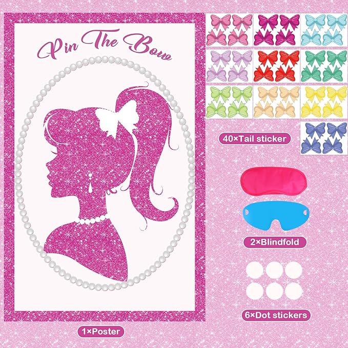 Hooqict Pink Girl Party Games for Kids Birthday Pin The Bow Sticker on The Head Pink Girl Princess Party Game Birthday Party Decorations, Large Poster with 40 Bow Stickers