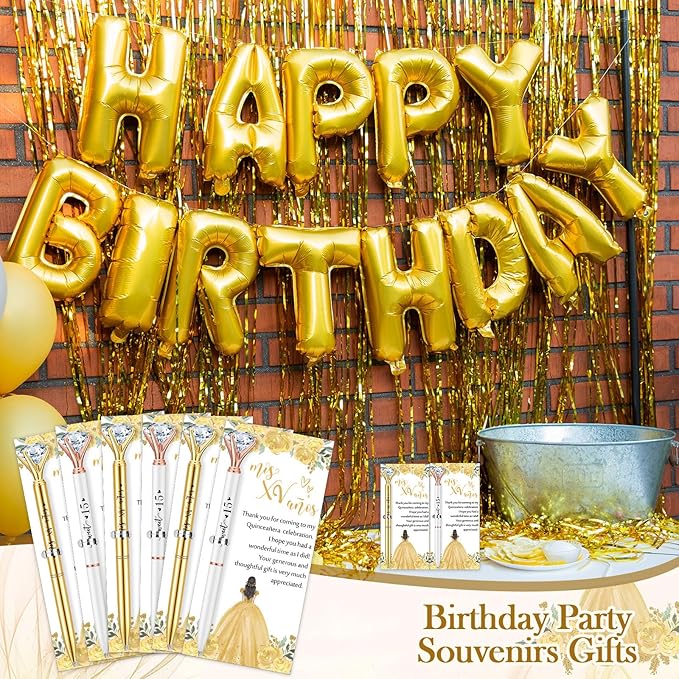 25 Set Quinceanera Party Favors for Guest Sweet 15 Diamond Pens Bulk Mis XV Años Fancy Ballpoint Pen with Thank You Cards and Ties 15th Birthday Thank You Gifts(White, Gold)