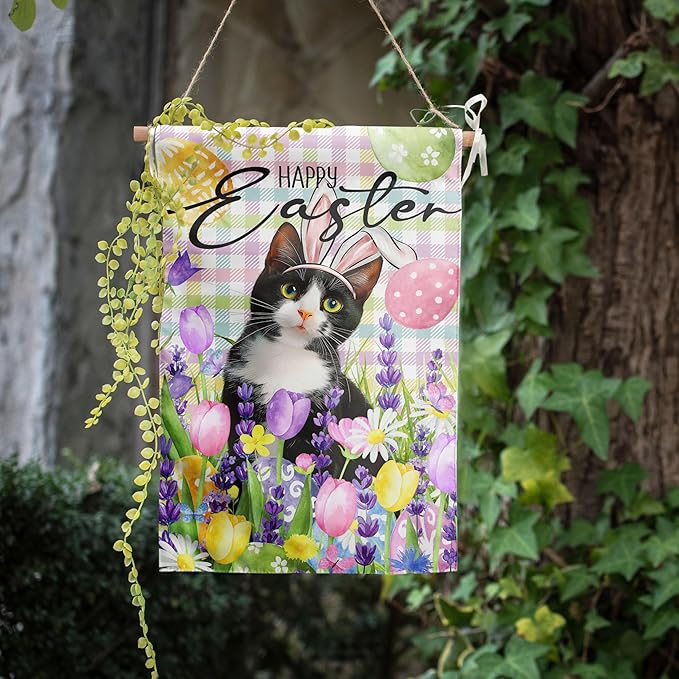 Happy Easter Cat Garden Flag Tuxedo Cat Spring Flags Buffalo Plaid Bunny Eggs Yard Flag for Outside 12x18 Double Sided Small Decorative Floral Outdoor Flag