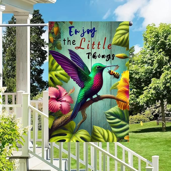 BlissYard Spring Hummingbirds Spring Garden Flag Double Sided 12 x 18 Inch Enjoy The Little Things Floral Flower Small Decorative Garden Flag Vintage Farmhouse Seasonal Outside Decorations