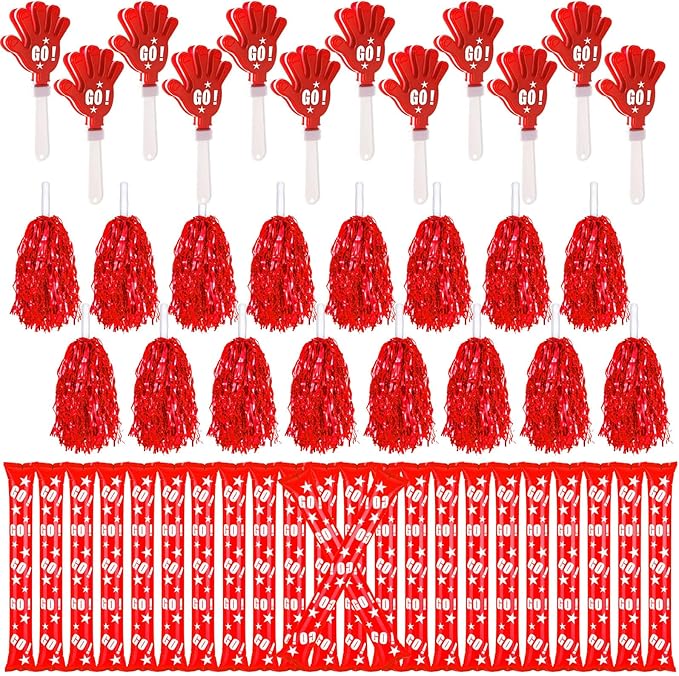 Hungdao 60 Pcs Noise Makers Homecoming Football Favors Include 24 Thunder Sticks Cheer Sticks 12 Hand Clapper 24 Cheerleading Pom Poms for Sporting Events Pep Rally Supplies(Red)