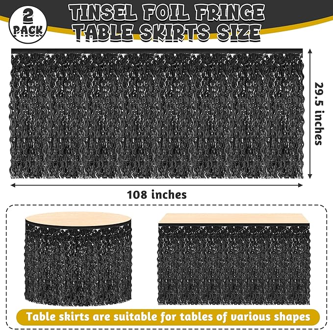 Halloween Table Skirt Decor, 2 Pack Black Foil Grass Desk Skirt, Metallic Wavy Tinsel Foil Fringe Table Skirts, Table Skirts for Graduations Halloween New Years Parade Party Decorations