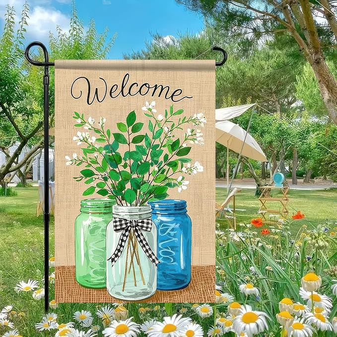 BlissYard Welcome Spring Garden Flag 12x18 Double Sided Mason Jars Floral Seasonal Small Flags For Outside Outdoor Decor Yard Farmhouse Holiday Spring Summer Decorations Yard Flags