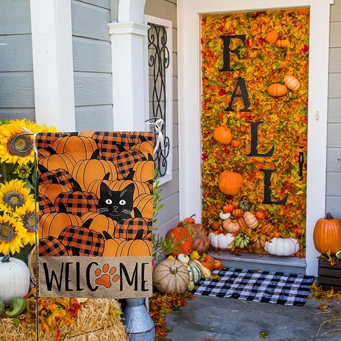 Black Cat Fall Garden Flag Pumpkin Autumn Yard Sign Thanksgiving Outdoor Decorations Porch Farmhouse Halloween Funny Banner for Outside 12x18 Double Sided Small