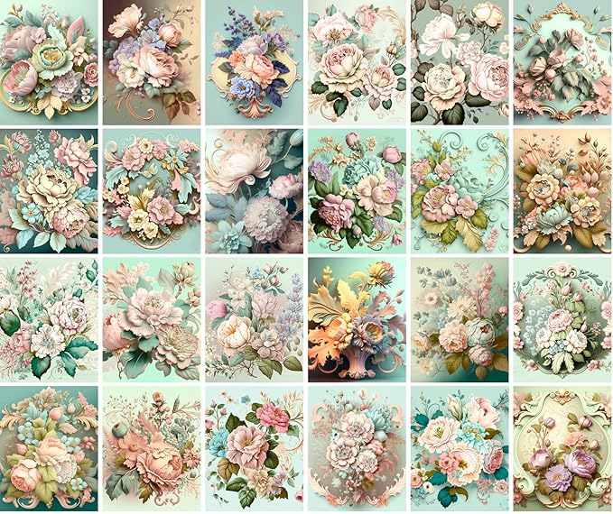 PIXILUV Vintage Postcards (24 pcs 4"x6" each) Rococo Flower Bouquets Vintage Postcards Book Illustrations Reprint
