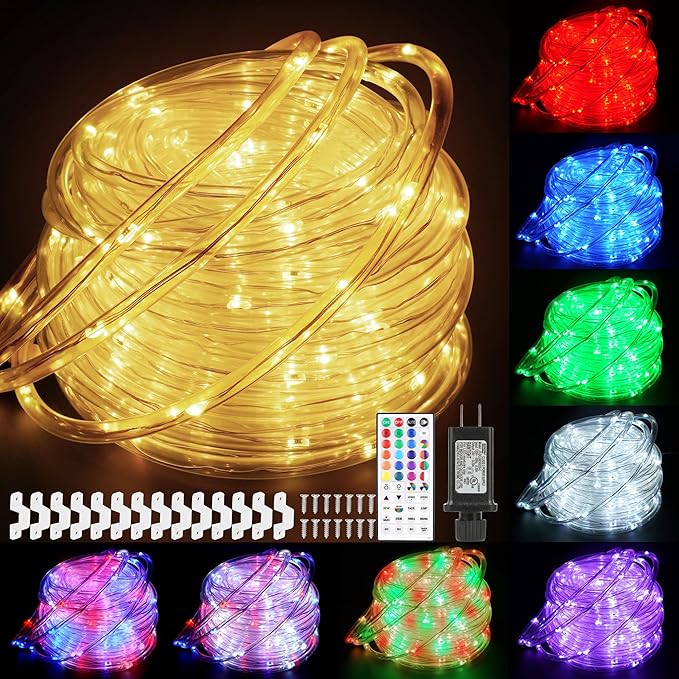 StarryEver 50ft 150LED Rope Lights Outdoor String Lights, 24 Colors+Warm White Outdoor LED Lights Plug in, RGB Color Changing Rope Light with Remote Rope Lighting for Camping Garden Patio