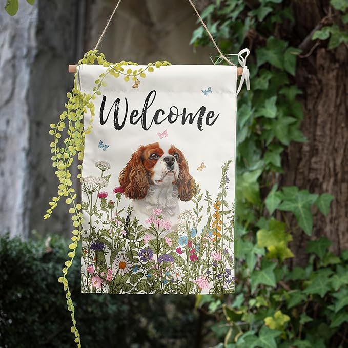 Spring Summer Garden Flag Floral Cavalier King Charles Spaniel Yard Flag Flower Dog Garden Flags for Outside Small Outdoor Welcome Flags 12x18 Double Sided