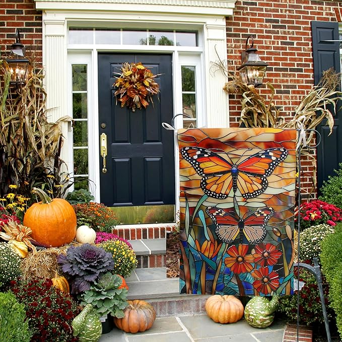 Monarch Butterfly Garden Flags for Outside Fall Flag Stained Glass Floral Yard Flag Spring Summer Decorative Flags 12x18 Double Sided Small Seasonal Lawn Flags Rustic Outdoor Decor