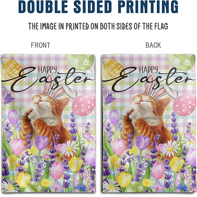 Happy Easter Cat Garden Flag Orange Cat Spring Flags Buffalo Plaid Bunny Eggs Yard Flag for Outside 12x18 Double Sided Small Decorative Floral Outdoor Flag
