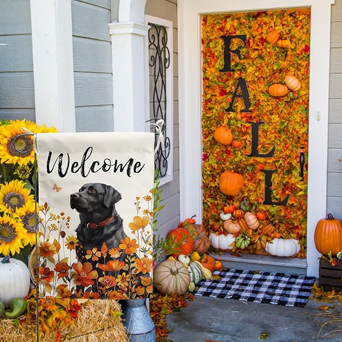 Floral Black Lab Garden Flag Fall Yard Flag Wildflower Labrador Dog Garden Flags Orange Autumn Lawn Flags Welcome Thanksgiving Outdoor Flags for Outside 12x18 Double Sided Small