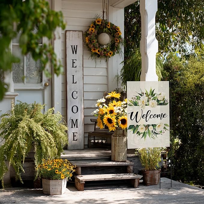 Garden Flags, Welcome Garden Flag, Bee Sunflower Flag Double-Sided Flags for Farmhouse Yard Outdoor-12 x 18inch (Welcome Flower)