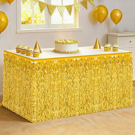 Table Skirt, 2 Pack Gold Foil Grass Table Skirt, New Years Metallic Wavy Tinsel Foil Fringe Table Skirts, Table Skirts for Irish Holiday Mardi Gras Graduations New Years Birthday Party Decor