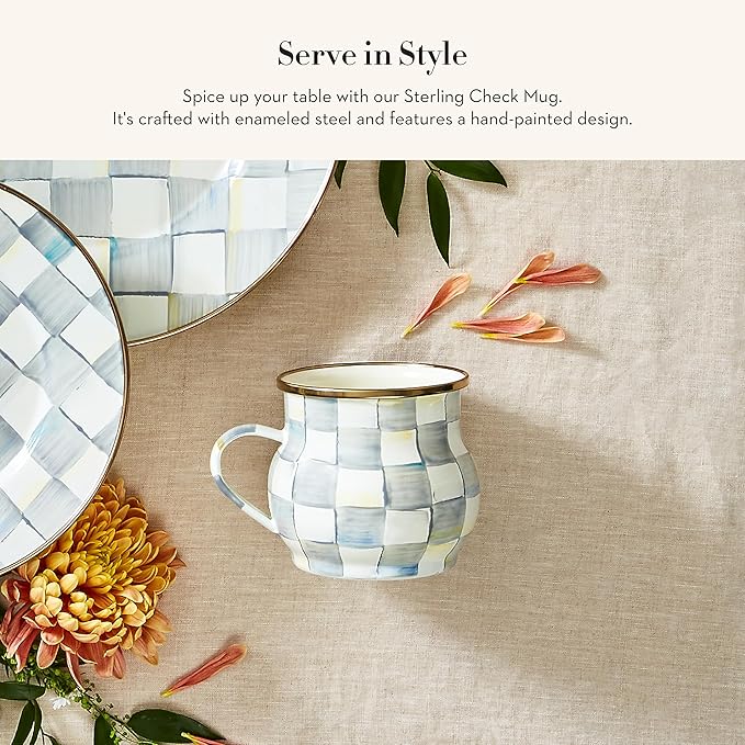 MACKENZIE-CHILDS Enamel Mug, Cute Enamelware Coffee and Tea Mug, Unique Drinkware, 16 Ounces, Gray-and-White Sterling Check, Set of 1 (Pack of 2)