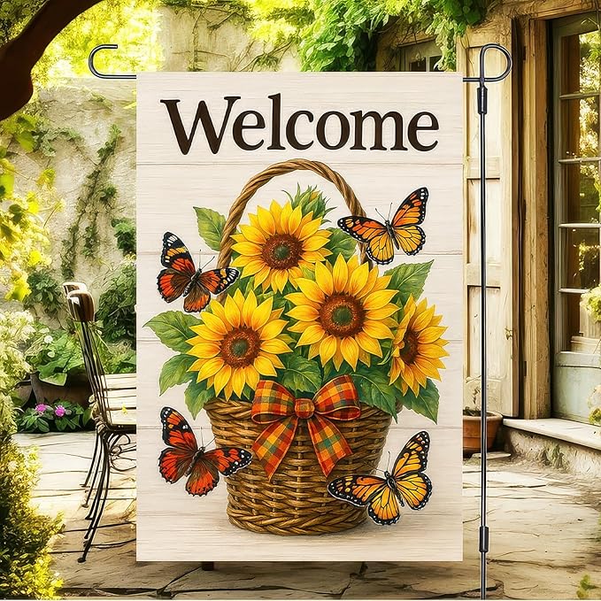 BlissYard Thanksgiving Fall Garden Flag 12x18 Inch Welcome Sunflower Flag Double Sided Outdoor Autumn Yard Banner Basket Butterflies for Porch Lawn Patio Seasonal Decor