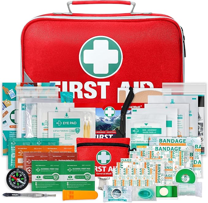 General Medi 2-in-1 First Aid Kit (215 Piece Set) + 43 Piece Mini First Aid Kit -Includes Ice(Cold) Pack, Moleskin Pad and Emergency Blanket for Travel, Home, Office, Car, Workplace
