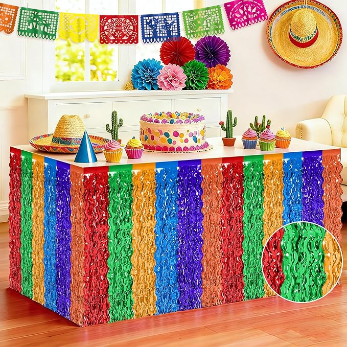 Cinco De Mayo Table Decorations, 2 Pack Fiesta Desk Skirts Supplies, Mexican Theme Metallic Wavy Tinsel Foil Fringe Table Skirts, Rainbow Skirts for Dia De Los Muertos Day Mexico Day of The Dead Decor