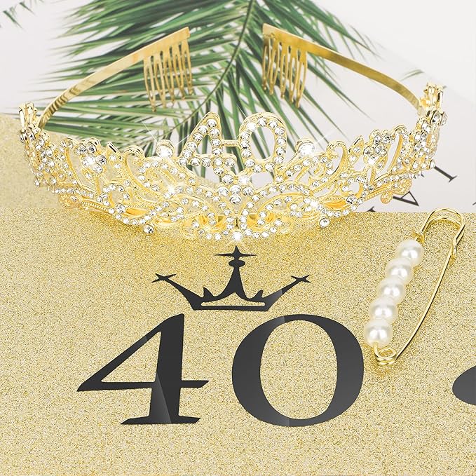 CIEHER 40th Birthday Crown + 40 & Fabulous Birthday Sash + Pearl Pin Set, Gold 40th Birthday Tiara, 40th Birthday Gifts Women Friends, 40th Birthday Decorations for Women