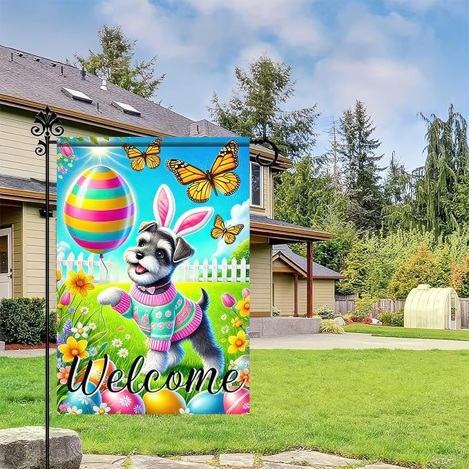 Blissyard Spring Summer Garden Flag Flower Dog Garden Flags For Outside Welcome Flags 12x18 Double Sided Yard Outdoor Decorative Egg Butterfly Garden Flag