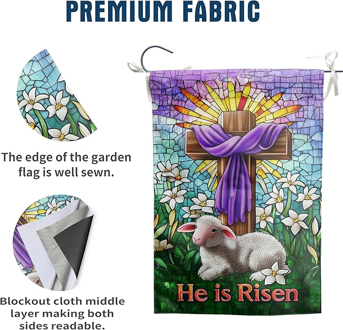 Christian Easter Garden Flag He is Risen Yard Flag Religious Easter Lamb Decor Stained Glass Cross Flag for Outside 12x18 Double Sided Lily Spring Outdoor Flag Small